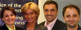 Media Stars, from The Republic of Georgia with State Department Interpreter Ia Meurmishvili: Nana Lezhava, Irakli Imnaishvili and David Gersamia